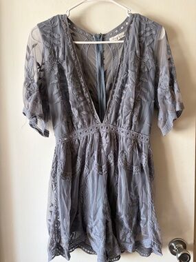Honey Punch Gray Lace V-Neck Romper